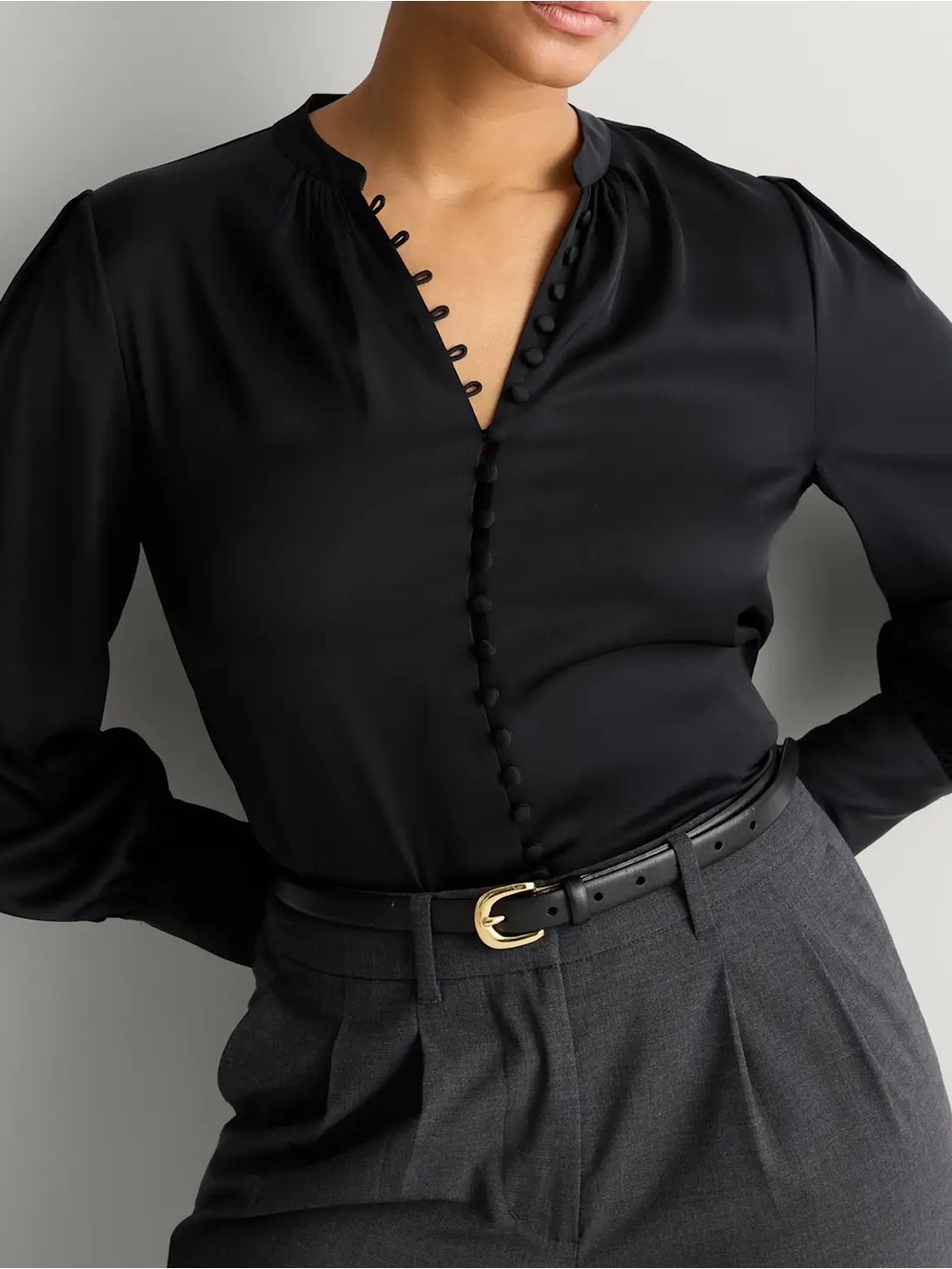 NWT Quince Washable Stretch Silk Peasant Blouse Black Medium long sleeve